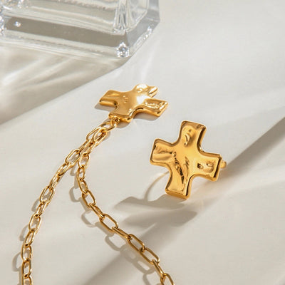 18K Gold Stainless Steel Hammer Pattern Oil Pressure Cross Pendant Clip Chain Necklace