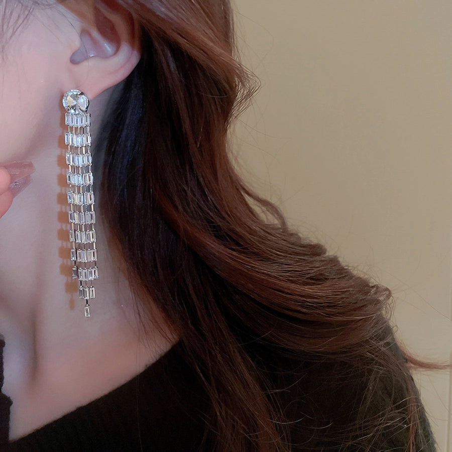1 Pair Elegant Lady Geometric Tassel Copper Rhinestones Drop Earrings
