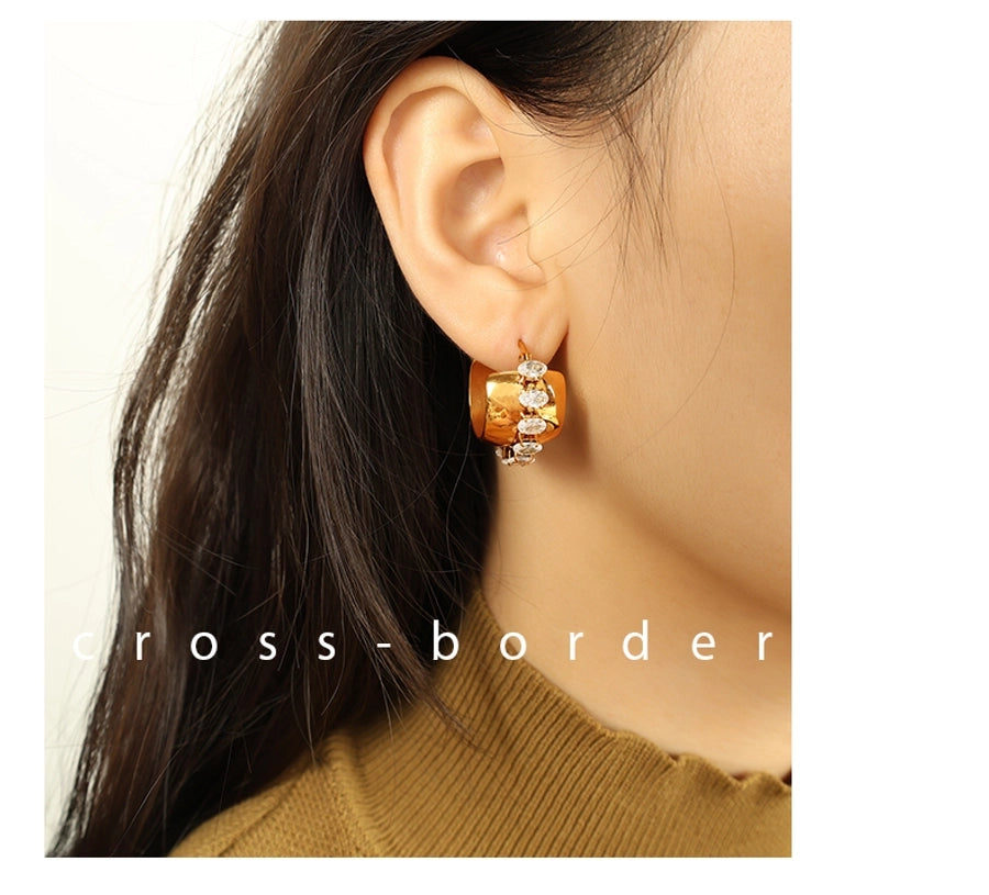 1 Pair Elegant Retro French Style C Shape Semicircle Polishing Plating Inlay 304 Stainless Steel Zircon 18K Gold Plated Earrings