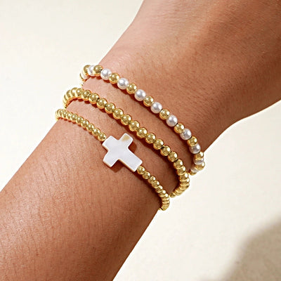 Hot Selling New Shell Cross Copper Bead Imitation Pearl Golden Balls Beads Bracelet Bracelet Three-Piece Set  Foshan