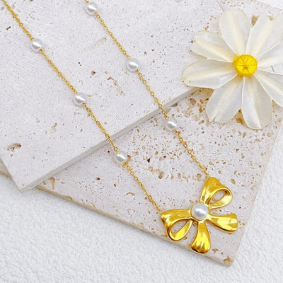 Jewelry Sweet Simple Style Bow Knot Titanium Steel Earrings Necklace