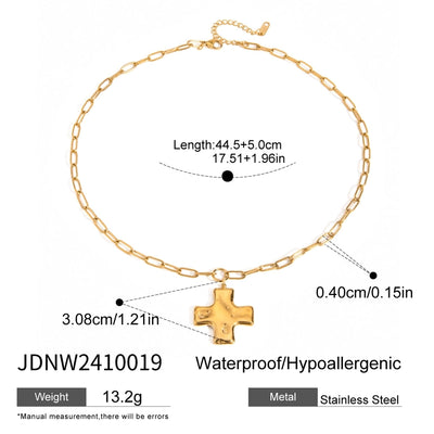 18K Gold Stainless Steel Hammer Pattern Oil Pressure Cross Pendant Clip Chain Necklace