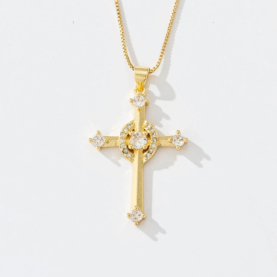 Copper box chain 18K Gold Plated Inlay Carving Cross Zircon Pendant Necklace