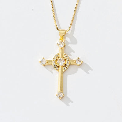 Copper box chain 18K Gold Plated Inlay Carving Cross Zircon Pendant Necklace