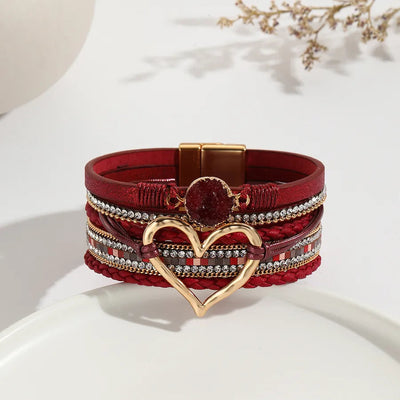 elegant classic style heart shape pu leather inlay rhinestones women's bracelets