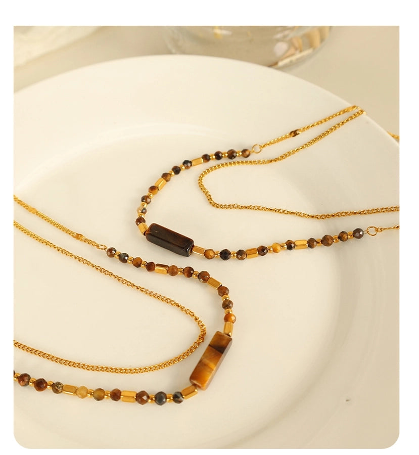 Jewelry IG Style Vintage Style Geometric 304 Stainless Steel Tiger Eye 18K Gold Plated Polishing Double Layer Necklaces