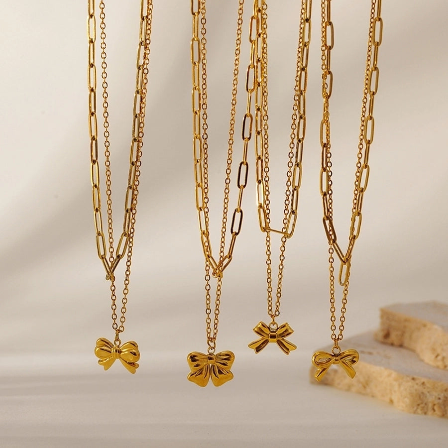 Jewelry IG Style Sweet Bow Knot 304 Stainless Steel Zircon Hollow Out Inlay Double Layer Necklaces