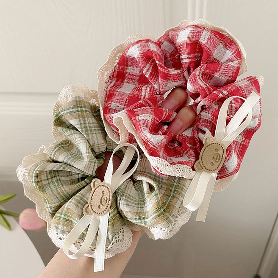 Women's Casual Preppy Style Lattice Bear Bow Knot Cloth Lace Hair Tie