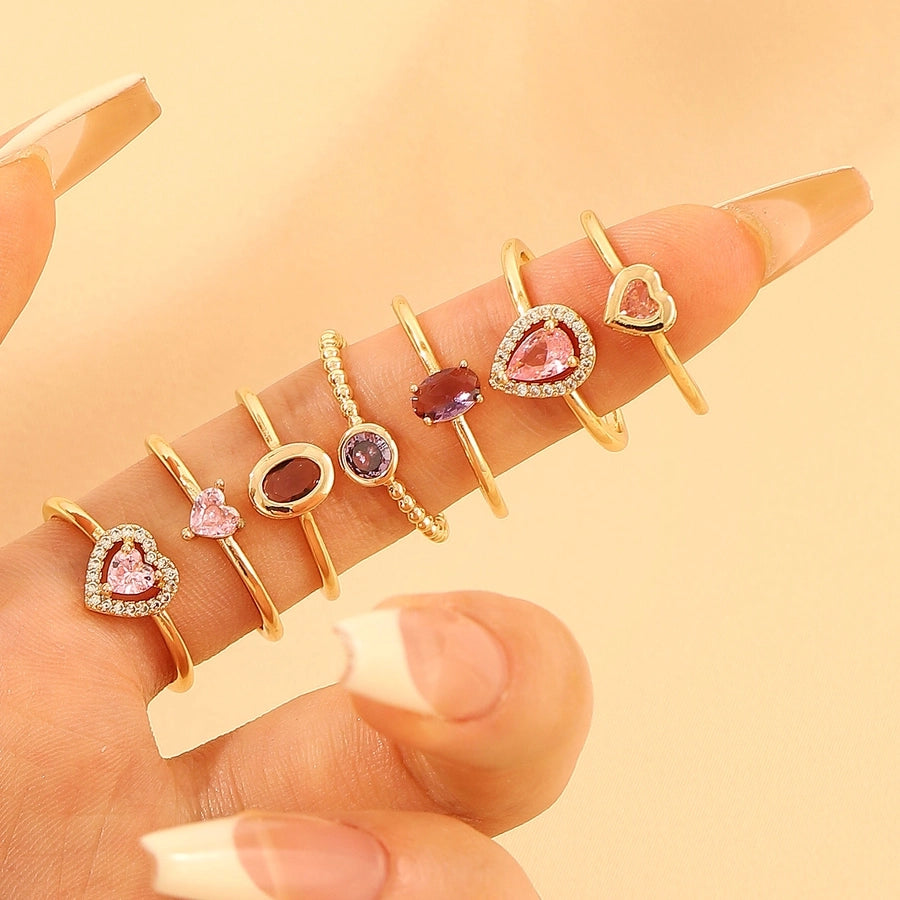 Copper Inlay Geometric Heart Shape Zircon Open Rings