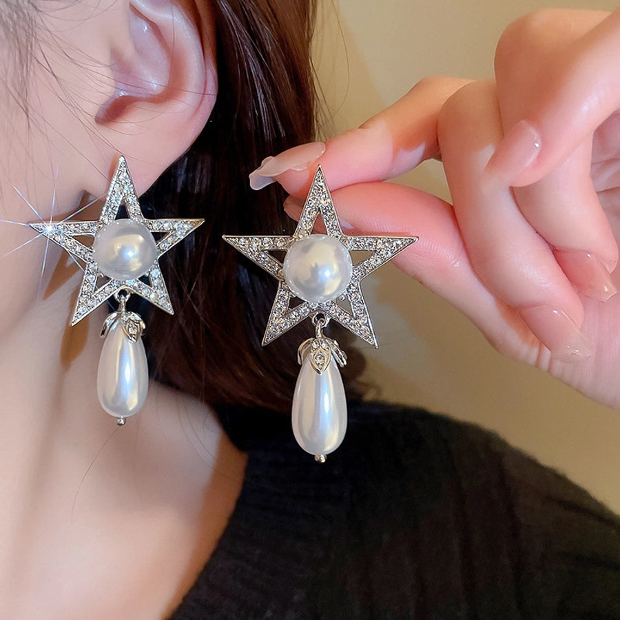 1 Pair Casual Simple Style Streetwear Star Water Droplets Inlay Copper Artificial Pearls Zircon Drop Earrings