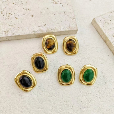 1 Pair Retro Rectangle Inlay 304 Stainless Steel Acrylic Natural Stone Tiger Eye 18K Gold Plated Ear Studs