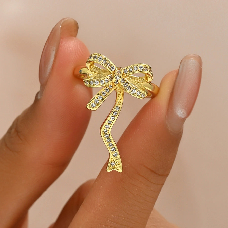 A Copper-Plated Gold Glossy Heart Inlaid Zircon Bow XINGX Sweet Light Luxury Daily Date Gift Women's Ring