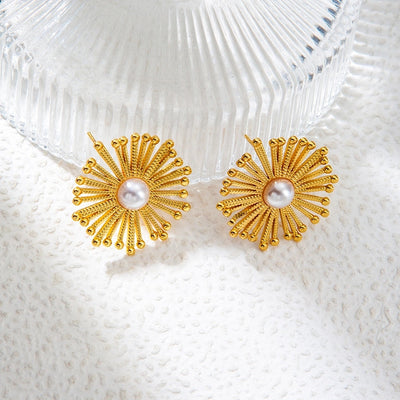 1 Pair Vacation Sweet Round Flower Plating Inlay 304 Stainless Steel Pearl 14K Gold Plated Ear Studs