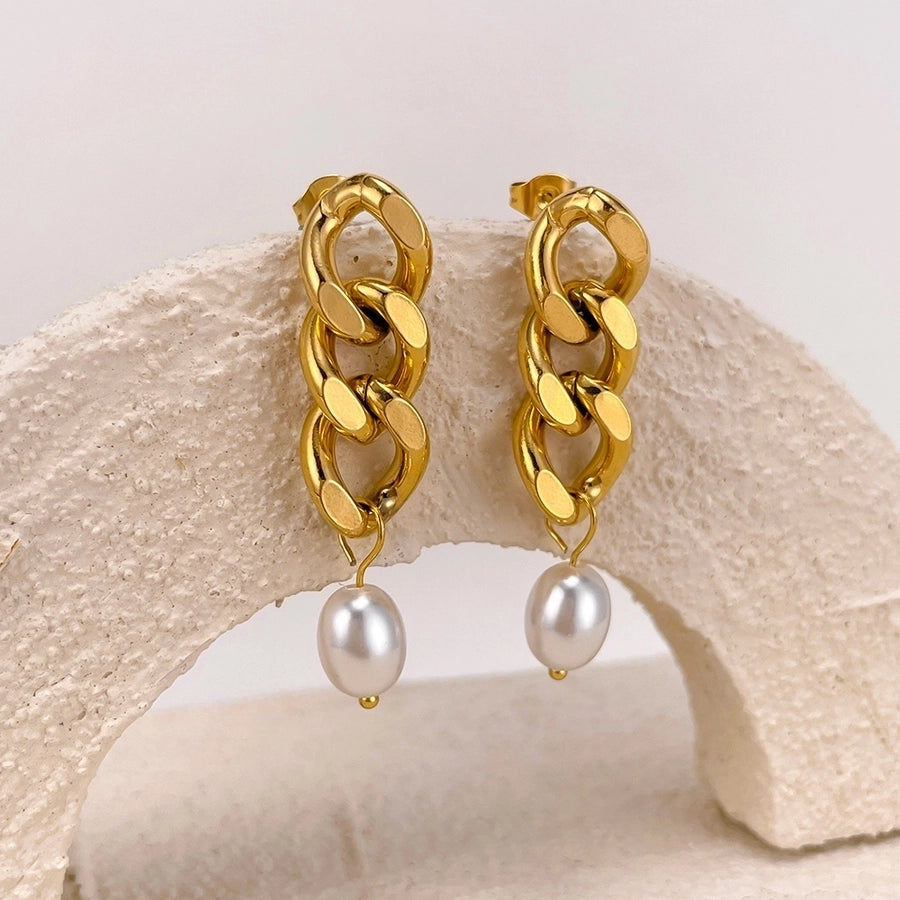 1 Pair French Style Geometric Pearl chain 304 Stainless Steel 18K Gold Plated Drop Earrings
