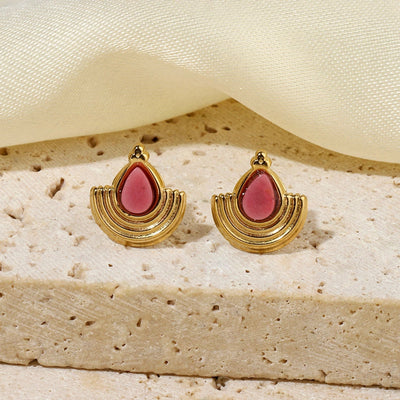 One Pack and Two Pairs Retro French Style Geometric Plating Titanium Steel Natural Stone 14K Gold Plated Ear Studs