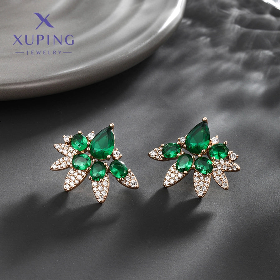 1 Pair Luxurious XUPING Simple Style Geometric Inlay Copper Artificial Gemstones 18K Gold Plated Ear Studs