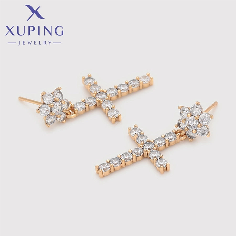 1 Pair XUPING Simple Style Shiny Cross Flower Inlay Copper Artificial Gemstones 18K Gold Plated Drop Earrings
