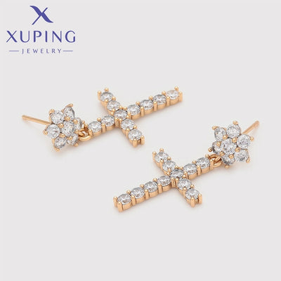 1 Pair XUPING Simple Style Shiny Cross Flower Inlay Copper Artificial Gemstones 18K Gold Plated Drop Earrings