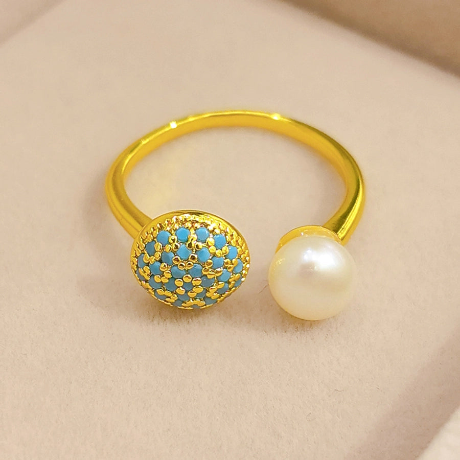 Copper Inlay Round Artificial Pearls Turquoise Copper Rings