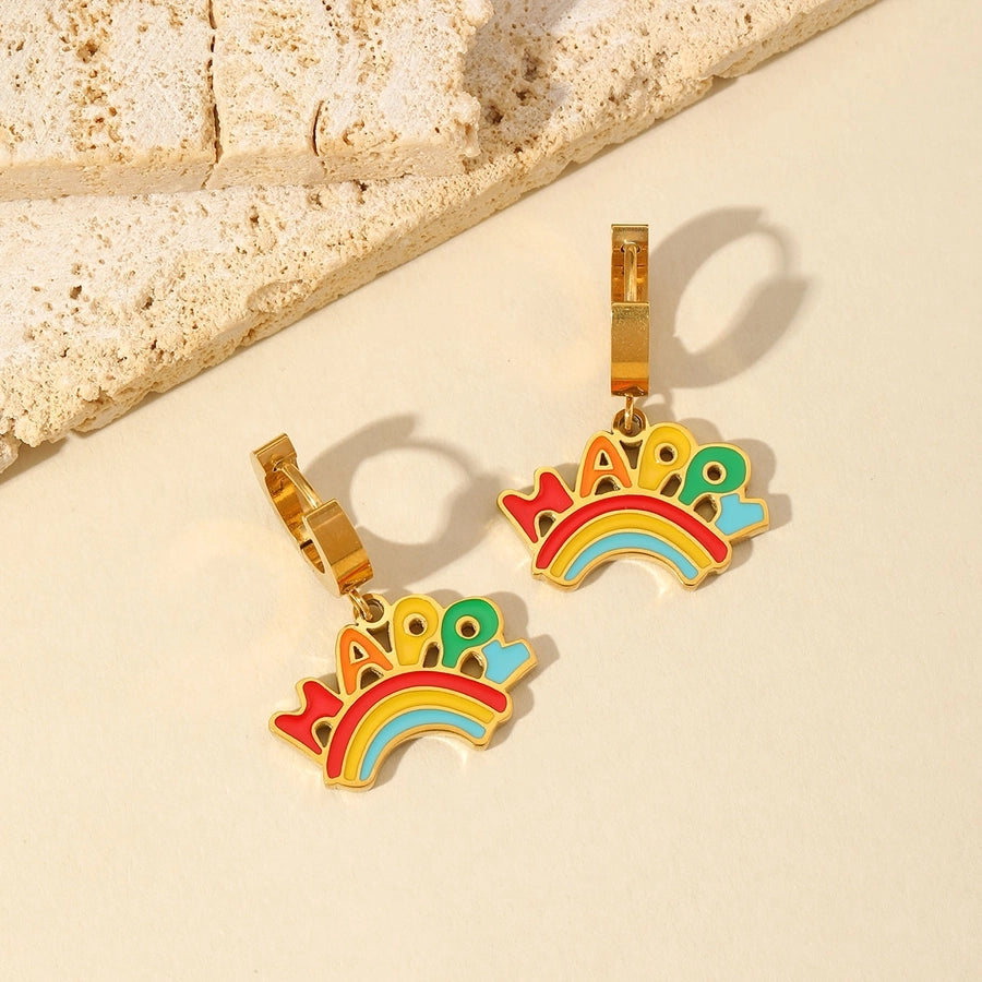 Jewelry Cute Sweet Letter Rainbow Flower 304 Stainless Steel Imitation Pearl Turquoise 18K Gold Plated Enamel Plating Inlay Multi Charms Bracelet Multi Charms Necklace Earrings