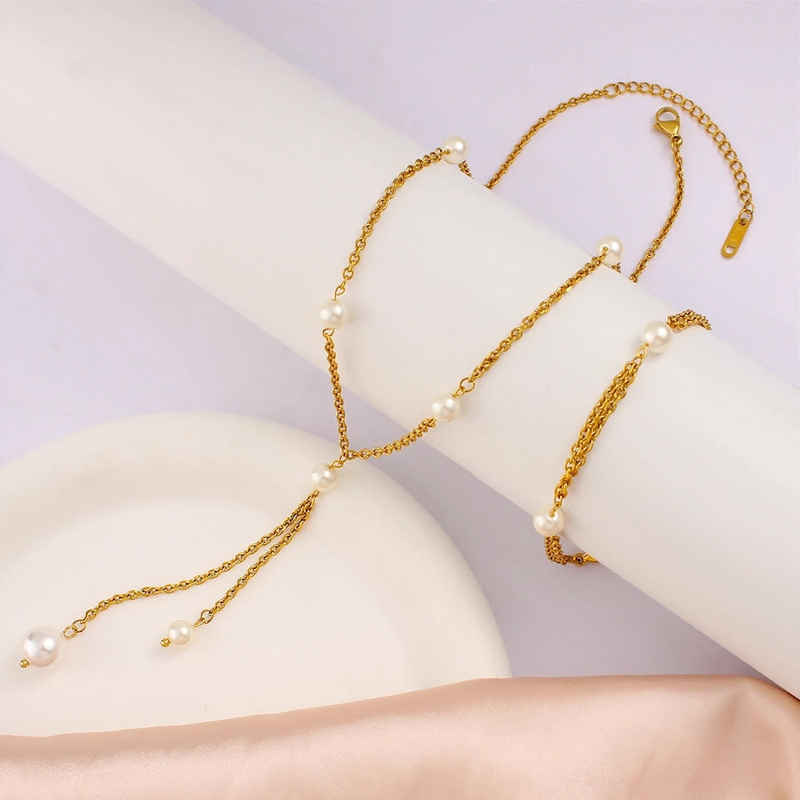 Jewelry French Style Geometric 304 Stainless Steel Glass Pearl 18K Gold Plated Bracelets Necklace