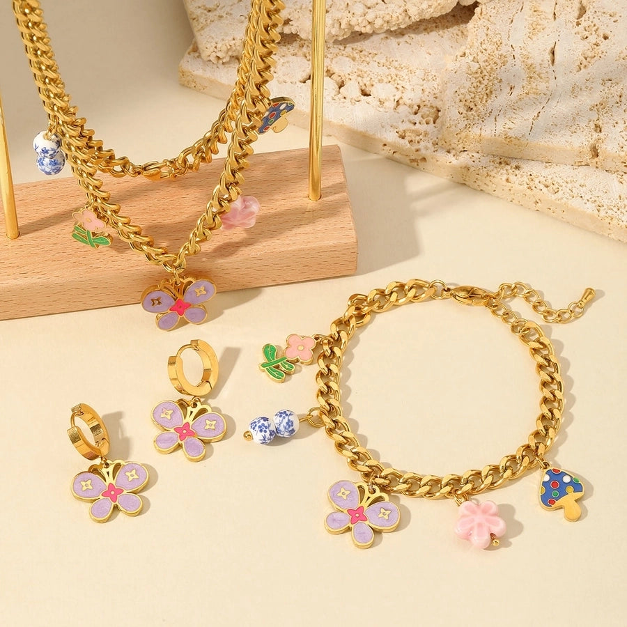 Jewelry Cute Sweet Flower Mushroom Butterfly 304 Stainless Steel 18K Gold Plated Enamel Plating Multi Charms Necklace Bracelets Earrings