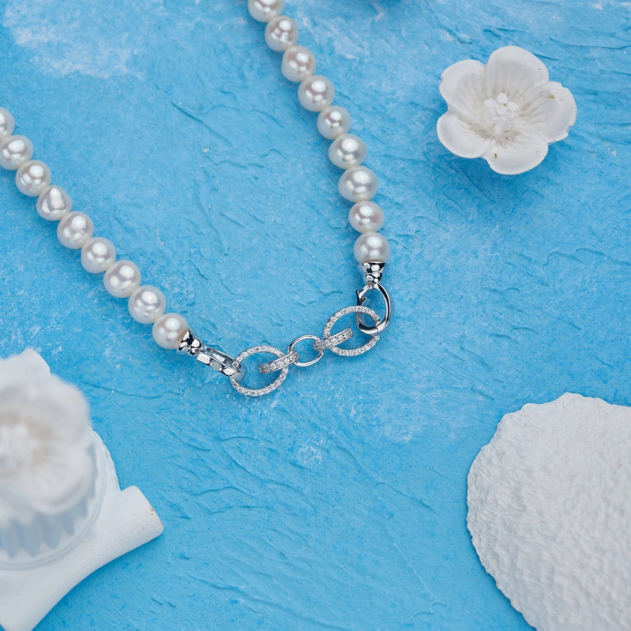 925 Sterling Silver Beaded Chain Beaded Metal Button Round Freshwater Pearl Necklace