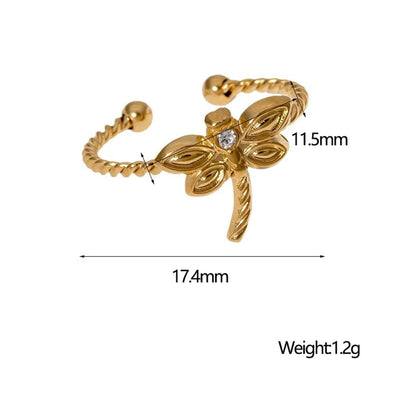Jewelry Retro French Style IG Style Dragonfly 304 Stainless Steel 18K Gold Plated Rhinestone Stainless Steel Rings