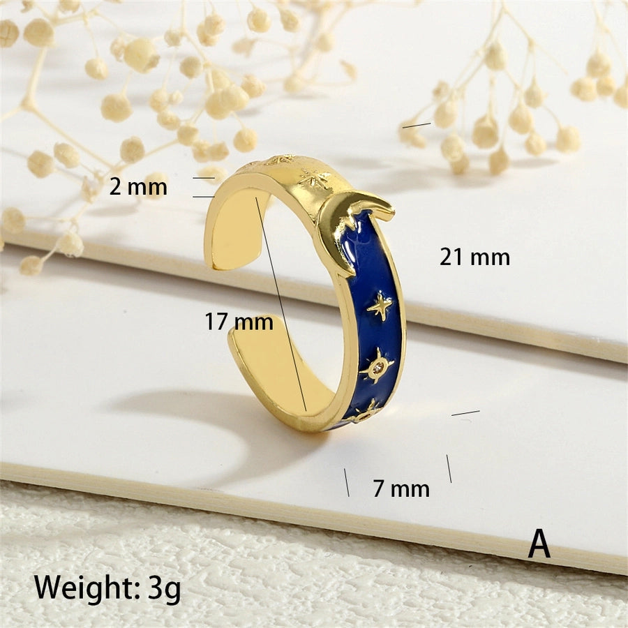 Copper Enamel Inlay Star Moon Zircon Open Rings