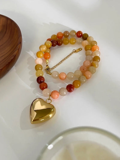 Jewelry Elegant Beach Heart Shape 316L Stainless Steel  Natural Stone 18K Gold Plated Beaded Pendant Necklace