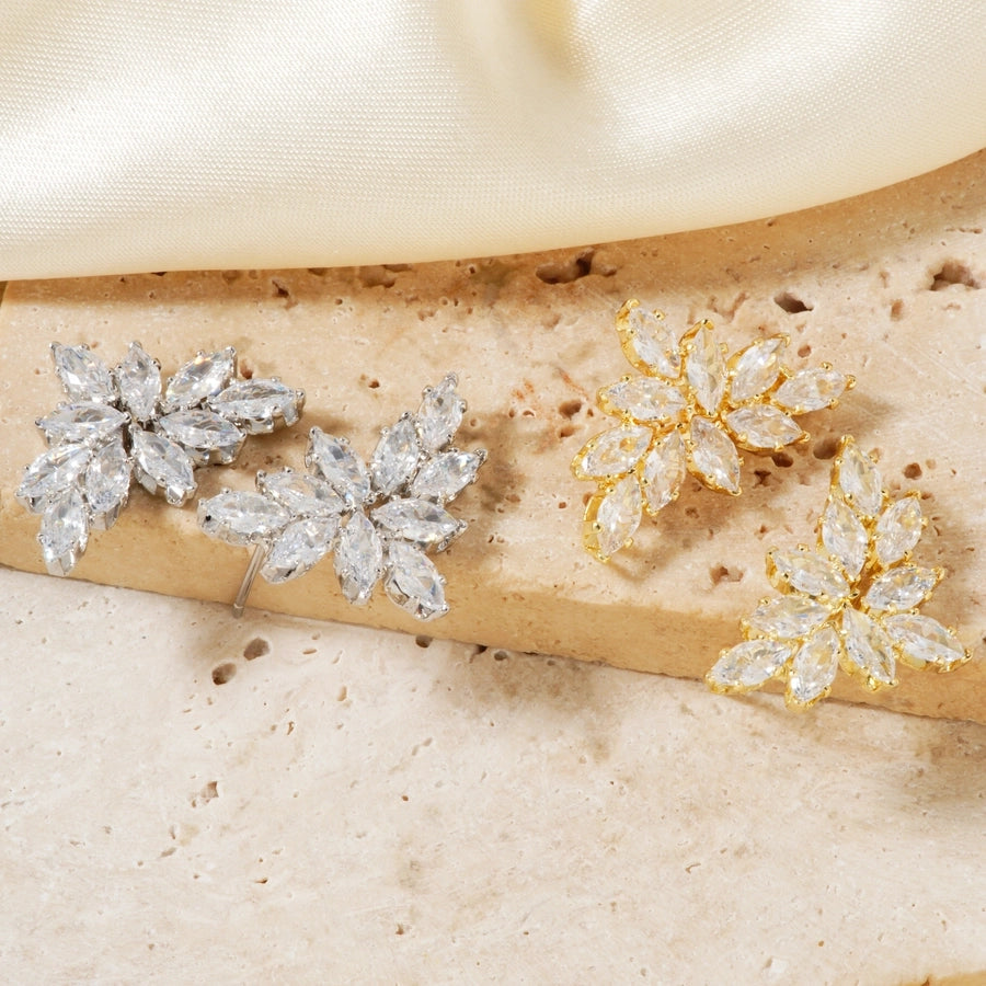 1 Pair Elegant Artistic Streetwear Leaf Asymmetrical Copper Glass Zircon K Gold Plated Rhodium Plated Ear Studs