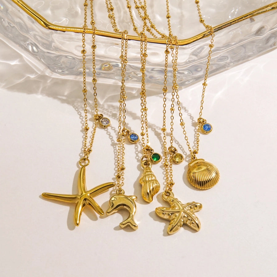 Jewelry Marine Style Starfish Conch Dolphin Titanium Steel Inlaid Gemstone Pendant Necklace