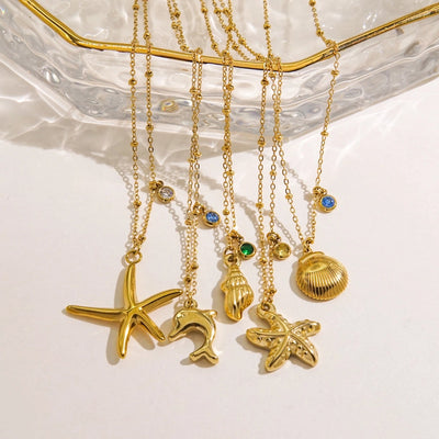 Jewelry Marine Style Starfish Conch Dolphin Titanium Steel Inlaid Gemstone Pendant Necklace