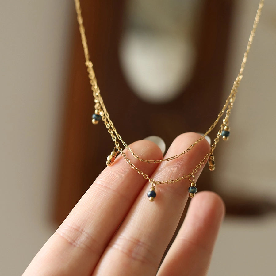Jewelry Vintage Style Geometric 304 Stainless Steel natural stone 18K Gold Plated Beaded Plating Double Layer Necklaces