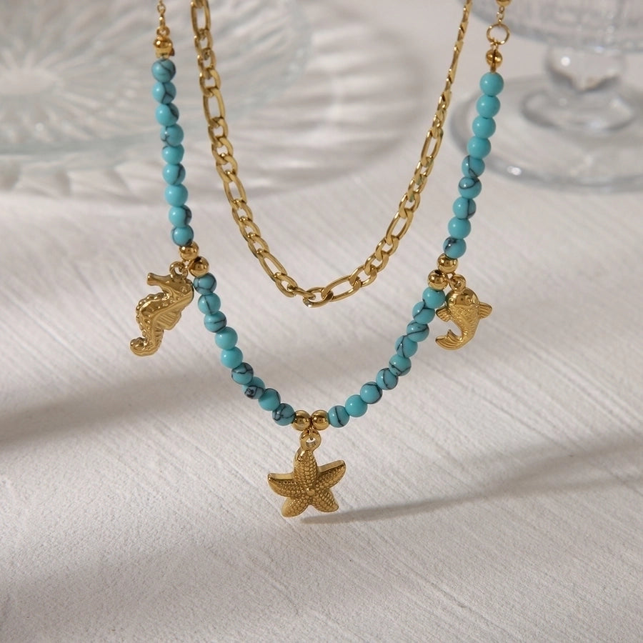 Jewelry Bohemian Marine Style Simple Style Starfish Hippocampus Butterfly 304 Stainless Steel Acrylic 18K Gold Plated Inlay Double Layer Necklaces