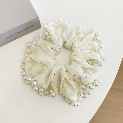 Large Embroidered Pearl Mesh Large Intestine Hair Ring Ponytail Hair String Retro Simple French High-End Hepburn Style Hair Accessories for Women