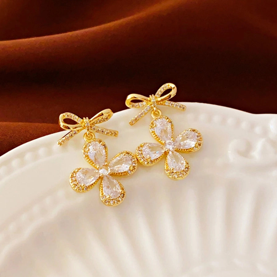 1 Pair Casual Simple Style Streetwear Bow Knot Plating Copper Zircon Drop Earrings