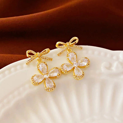 1 Pair Casual Simple Style Streetwear Bow Knot Plating Copper Zircon Drop Earrings