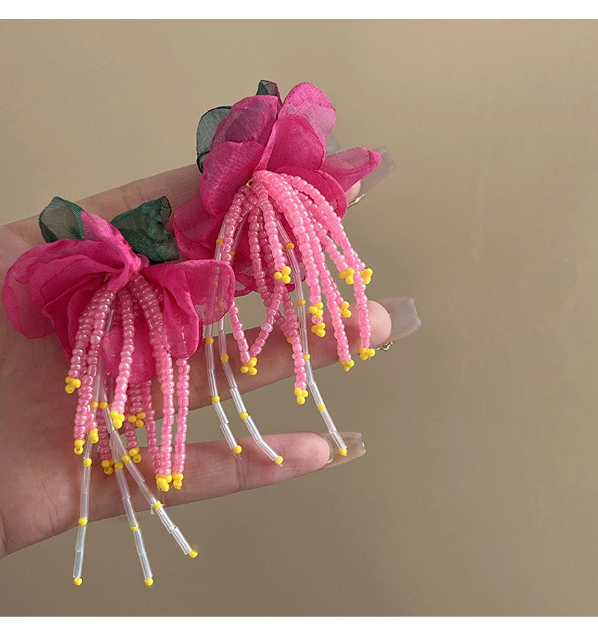 Mori chiffon flower beaded earrings female super fairy exaggerated Rose Red holiday style earrings  new popular