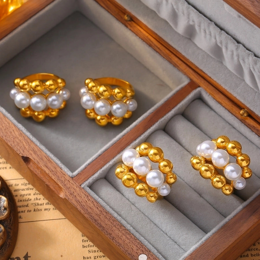 Jewelry Elegant French Style Round 304 Stainless Steel Artificial Pearls 18K Gold Plated Layered Inlay Rings