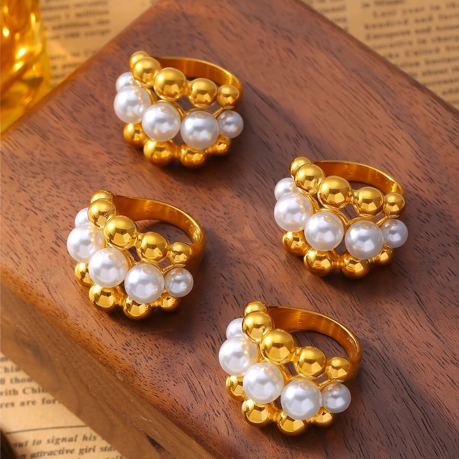 Jewelry Elegant French Style Round 304 Stainless Steel Artificial Pearls 18K Gold Plated Layered Inlay Rings