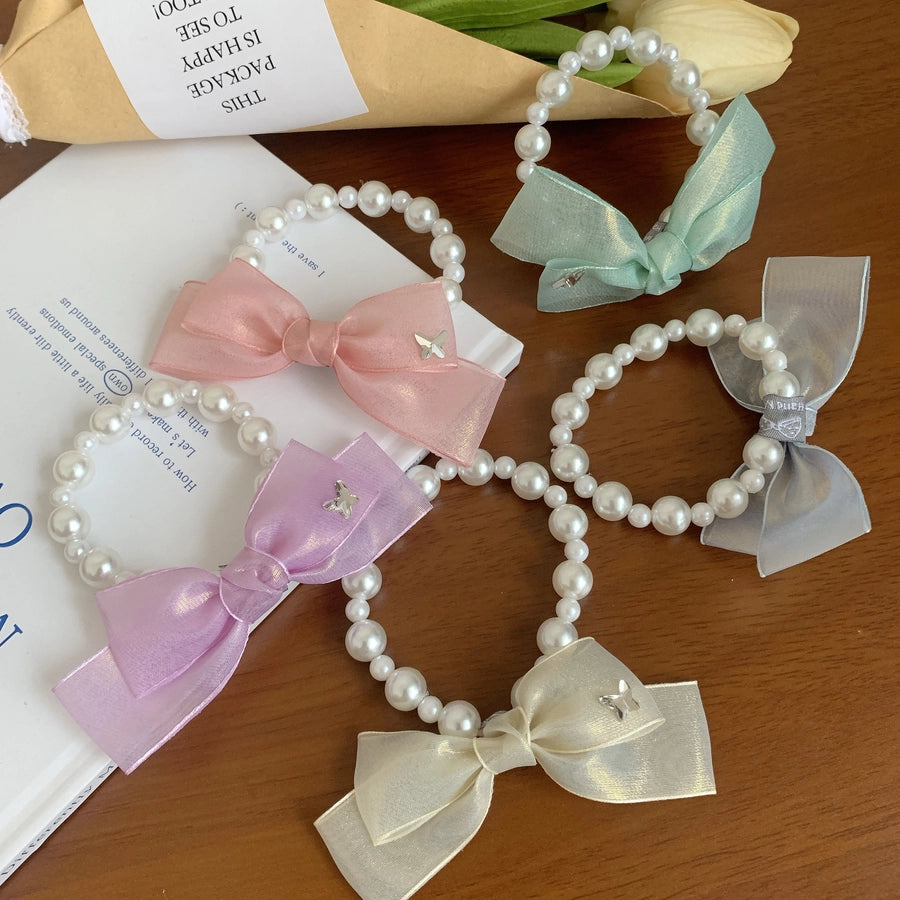 Women's Korean Style IG Style Bow Knot Imitation Pearl Gauze Beaded Hair Tie