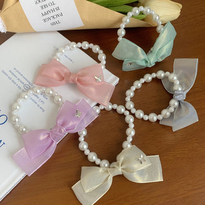 Women's Korean Style IG Style Bow Knot Imitation Pearl Gauze Beaded Hair Tie