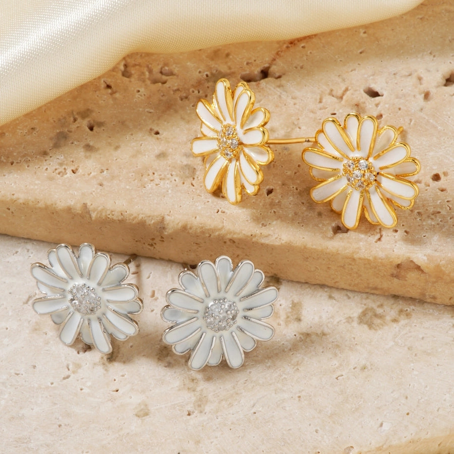 1 Pair Glam Pastoral Shiny Floral Inlay Copper Zircon K Gold Plated Rhodium Plated Ear Studs