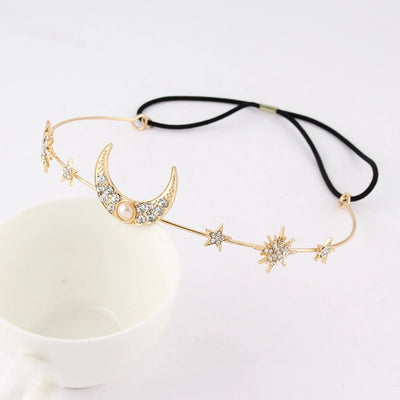 Women's IG Style Sweet Star Moon Alloy Elastic string Inlay Rhinestones Pearl Hair Band