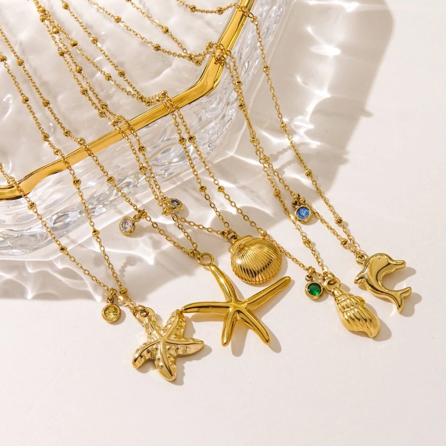Jewelry Marine Style Starfish Conch Dolphin Titanium Steel Inlaid Gemstone Pendant Necklace