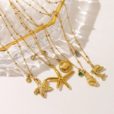 Jewelry Marine Style Starfish Conch Dolphin Titanium Steel Inlaid Gemstone Pendant Necklace