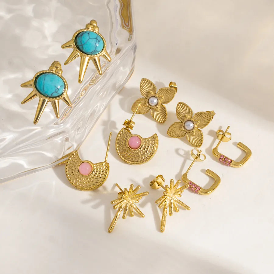 1 Pair IG Style Modern Style Geometric Inlay 304 Stainless Steel Natural Stone 14K Gold Plated Ear Studs