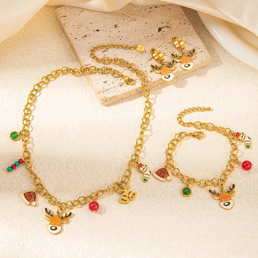 Jewelry Cute IG Style Christmas Hat Christmas Socks Elk Titanium Steel Gem Plating Inlay Bracelets Earrings Necklace