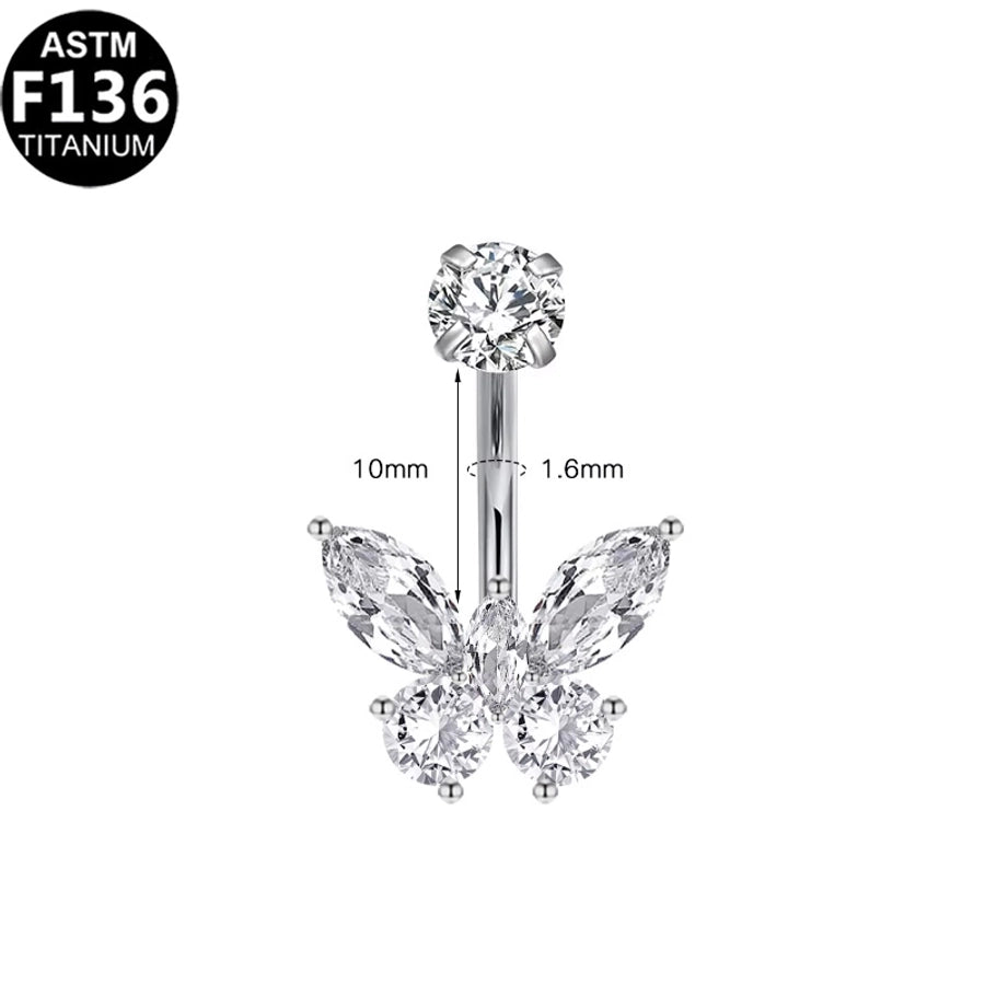 1 Piece Belly Rings Glam Shiny Butterfly Pure Titanium Aluminium Alloy Zircon 14K Gold Plated White Gold Plated